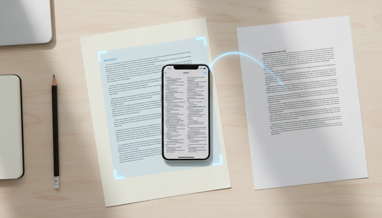 An iPhone on a desk appears to scan text from paper into editable lines for rewriting.