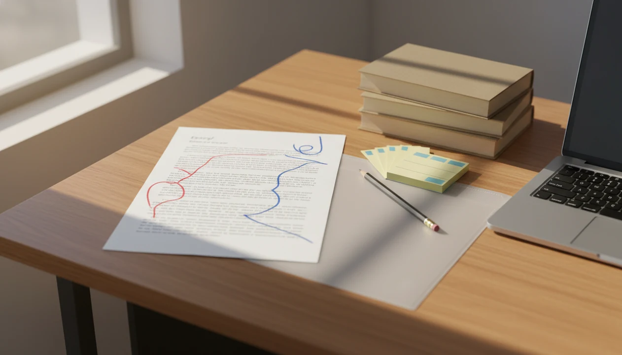 An annotated essay draft, pencil, books, and blurred laptop suggest careful, responsible AI-assisted revision.