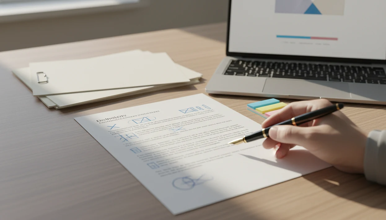 An edited draft, laptop, pen, and source papers show a careful workflow for humanizing AI text.