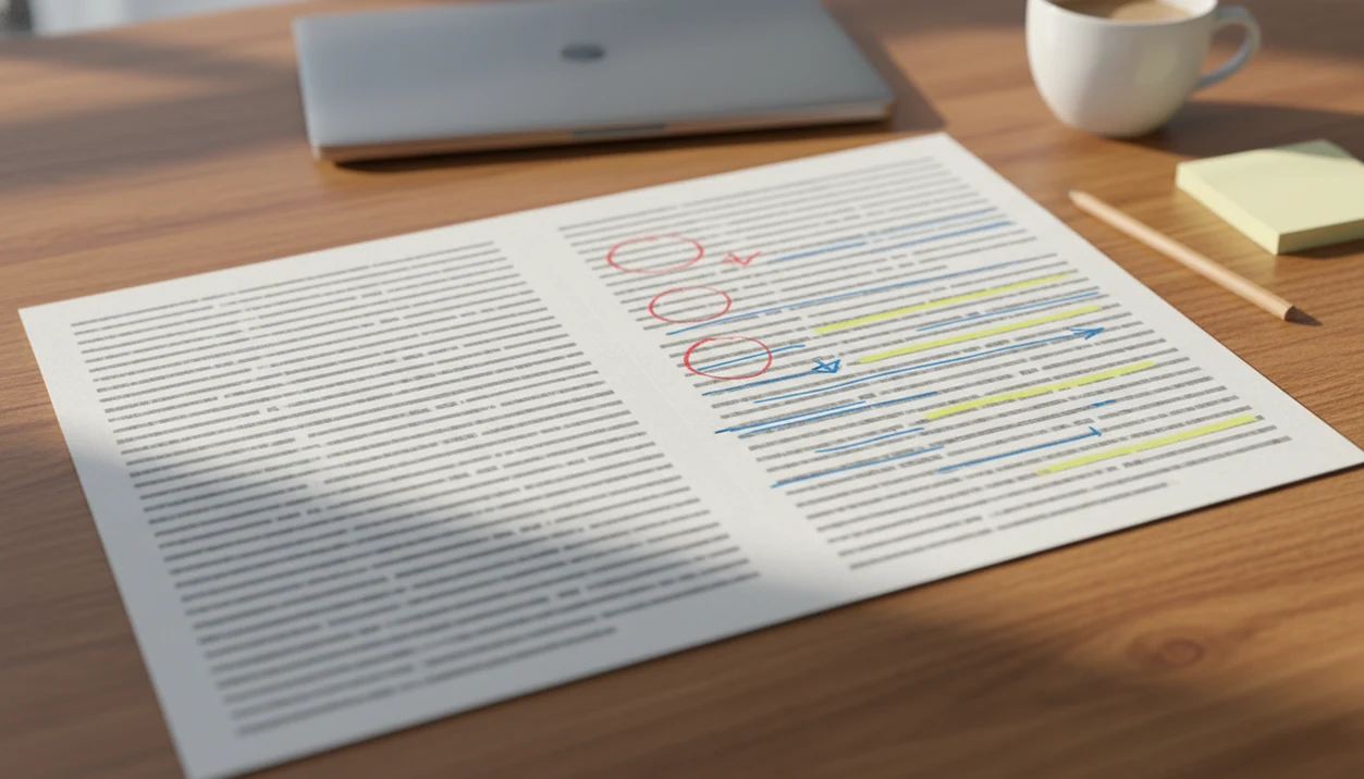 A desk shows an AI draft being carefully edited into a more natural version without readable text.