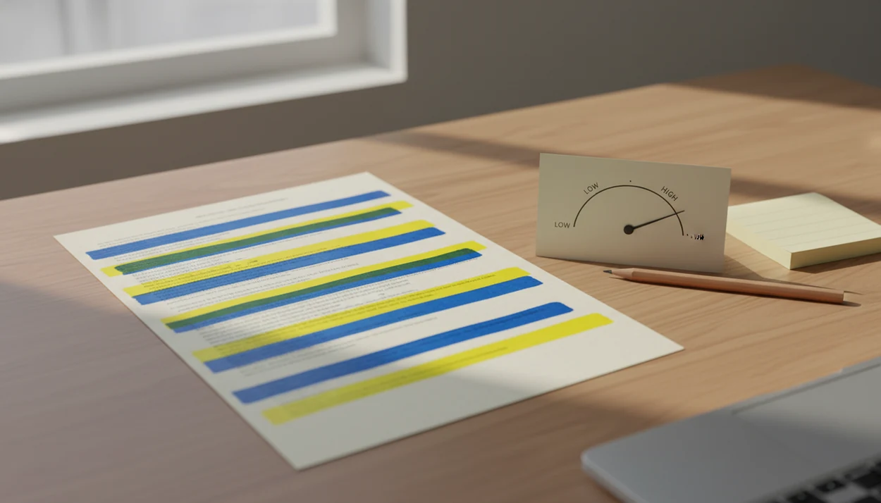 A highlighted manuscript beside an unnumbered probability gauge on a calm desk.