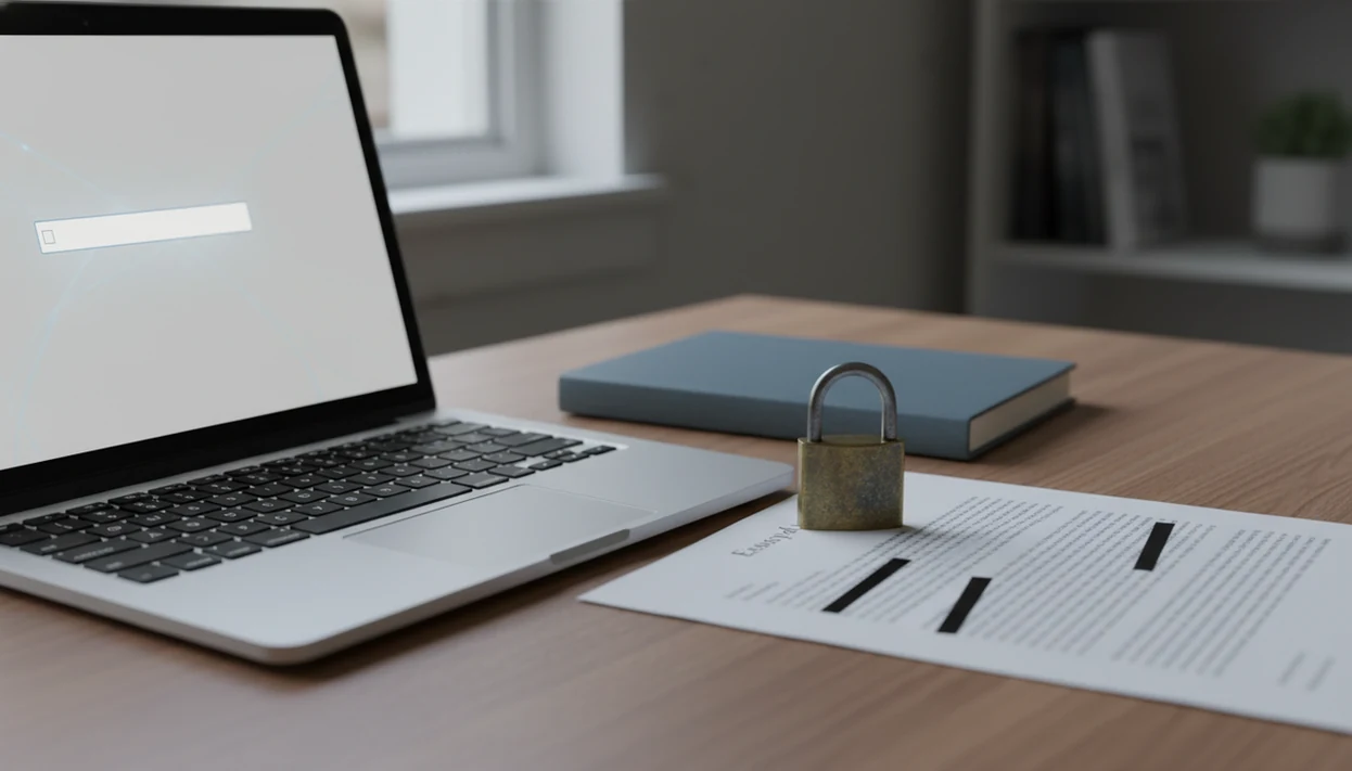 A laptop, redacted essay pages, and a small padlock suggest privacy risks when using AI tools.