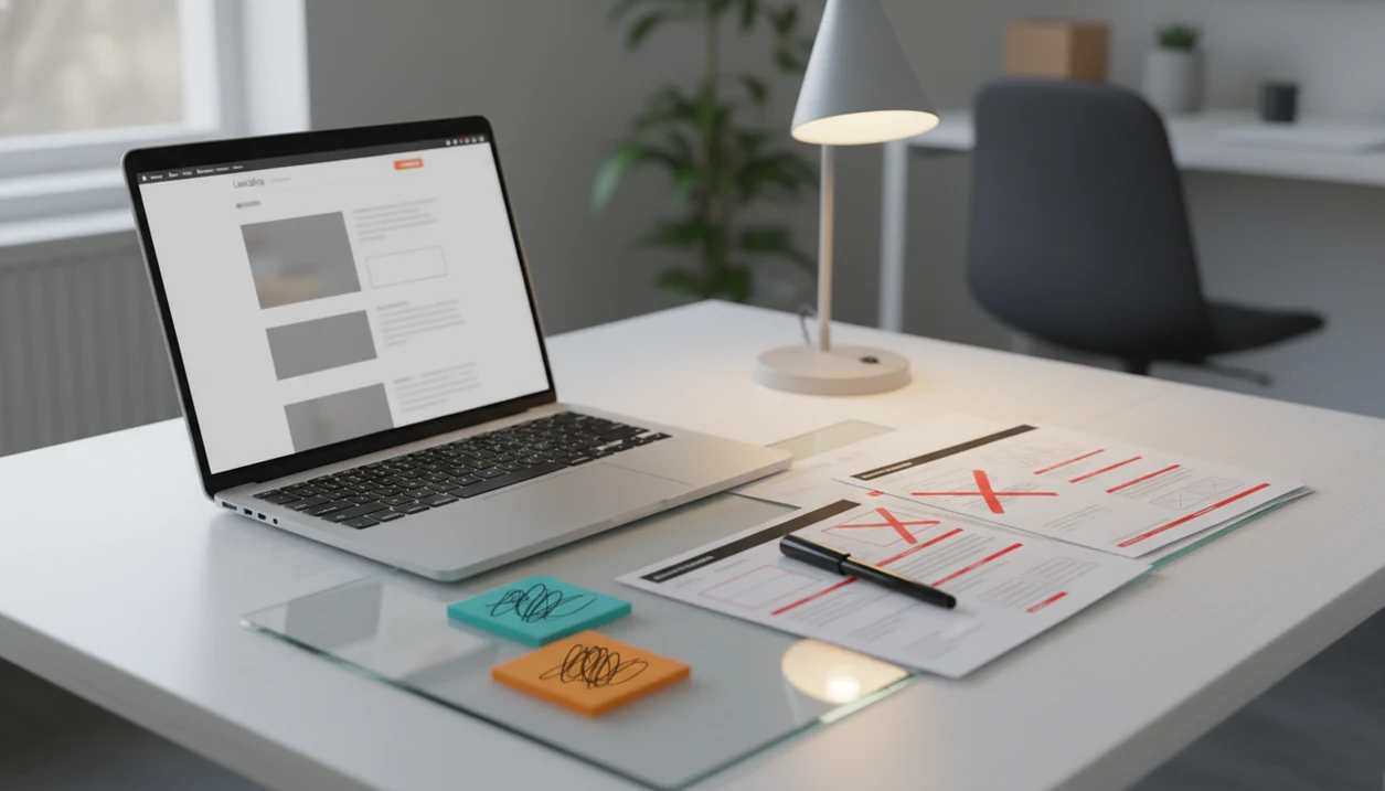 A marketer’s desk shows blurred landing page drafts, revision marks, and review notes beside a laptop.