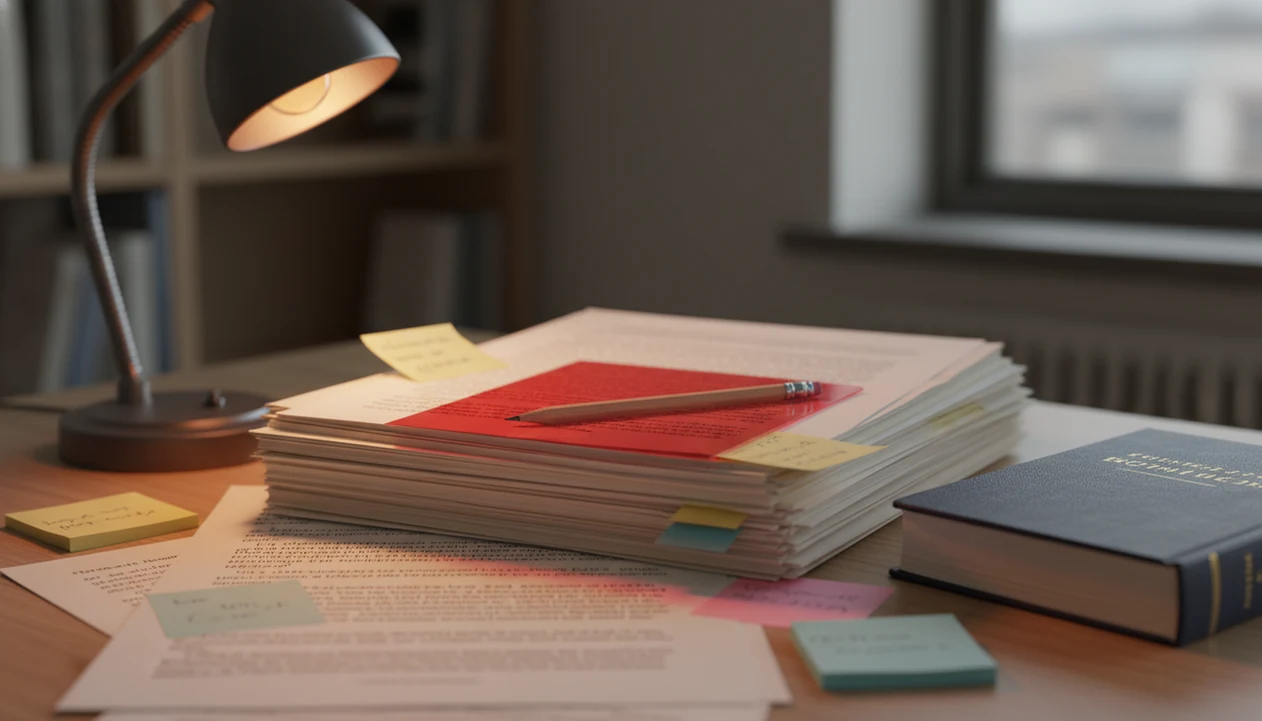 Essay drafts and review materials sit under an amber lamp, suggesting cautious AI detection review.