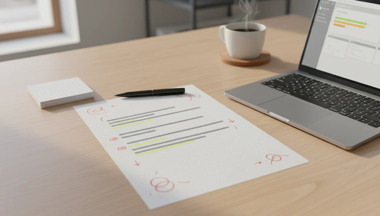 A desk with a revised paragraph draft, laptop, notes, and editing marks suggesting AI-assisted writing.