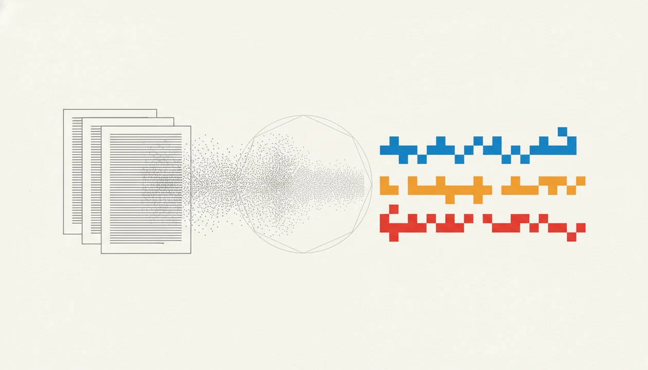An abstract diagram shows document patterns passing through an analysis lens into probability bands.