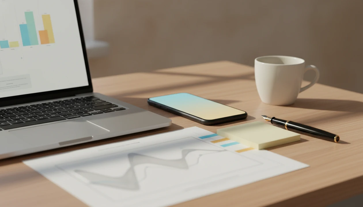 A desk setup with a laptop, phone, highlighted draft, and writing tools for checking and revising text.