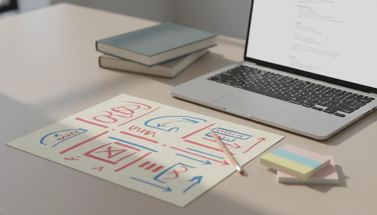 A marked-up blog draft, laptop, notes, and reference books arranged for an AI rewriting workflow.