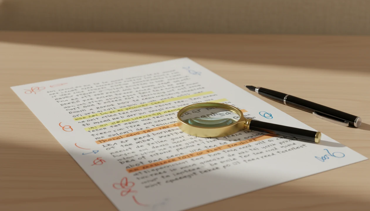 A manuscript page with individual highlighted sentences, a pen, and a magnifying glass on a desk.