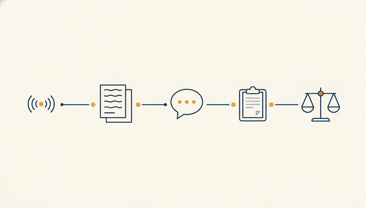 A clean five-step visual pathway shows review signals, drafts, conversation, documentation, and balance.