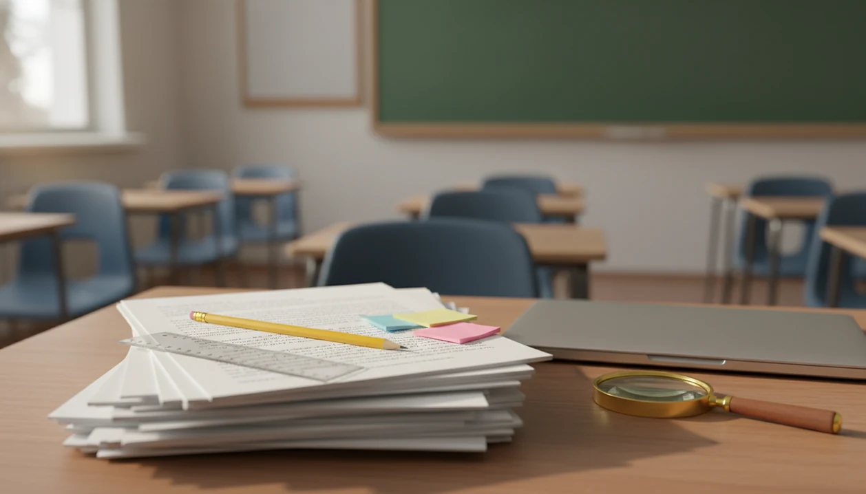 A teacher’s desk with blurred essay drafts, a magnifying glass, and a closed laptop in a quiet classroom.