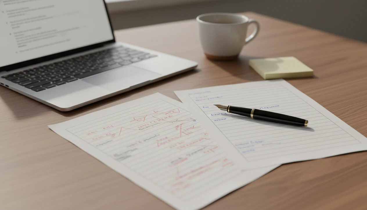 A laptop and edited draft pages show a blog post being revised into clearer copy.