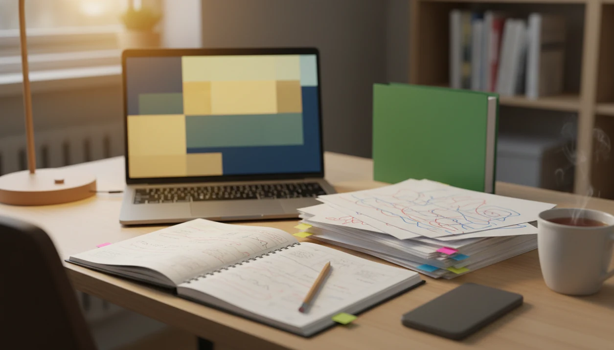 A calm study desk with drafts, notes, and a blurred laptop suggesting evidence for an AI flag review.