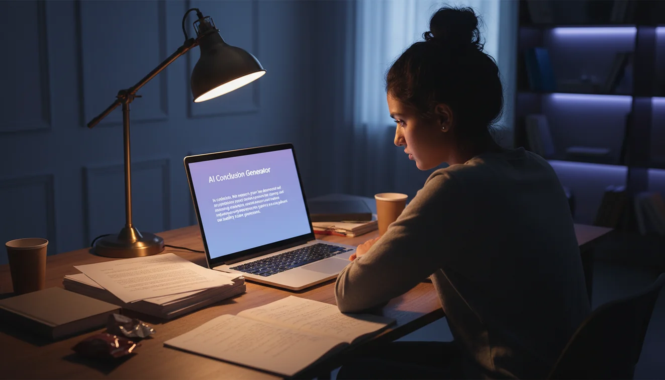 Student using AI conclusion generator to finish essay writing