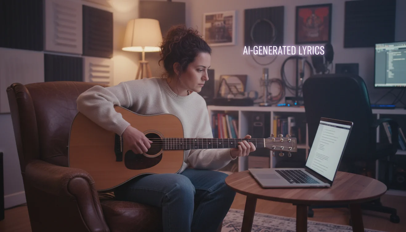 Songwriter using AI lyrics generator for creative inspiration