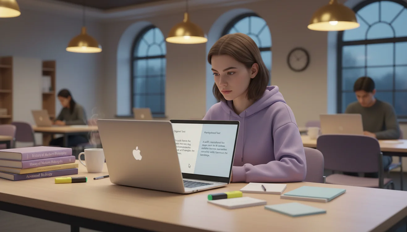 Student using AI paraphrasing tool to reword academic content