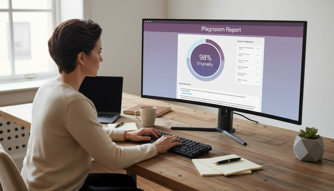 Writer using plagiarism checker to verify content originality