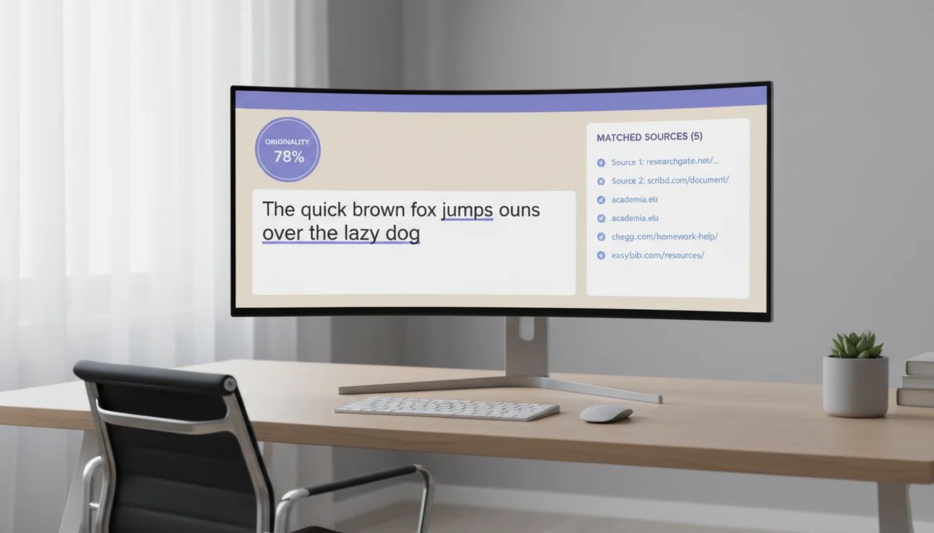 Plagiarism detection tool showing originality percentage and sources